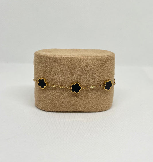 Bracelet trèfle noir "Estelle" chaîne dorée acier inoxydable