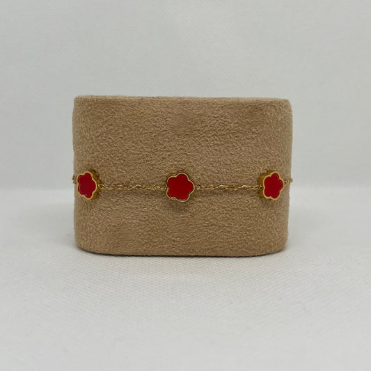 Bracelet trèfle rouge "Estelle" chaîne dorée acier inoxydable