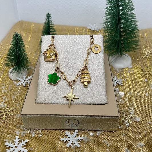 Collier "Noélie" breloques charms & chaîne petite maille en acier inoxydable