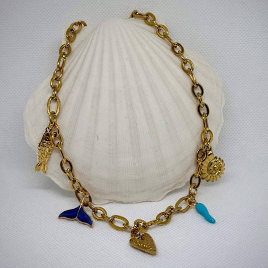 Collier "Marine" breloques charms, chaîne maille dorée en acier inoxydable