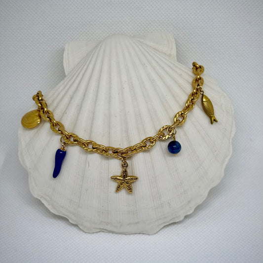 Collier "Océane" breloques charms, chaîne maille dorée en acier inoxydable