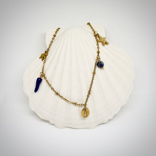 Collier "Mathilde" breloques charms, perles & chaîne dorée en acier inoxydable