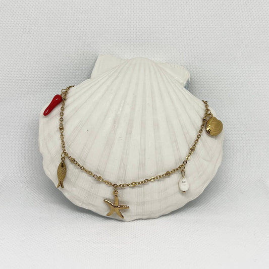 Collier "Jade" breloques charms, perles & chaîne dorée en acier inoxydable