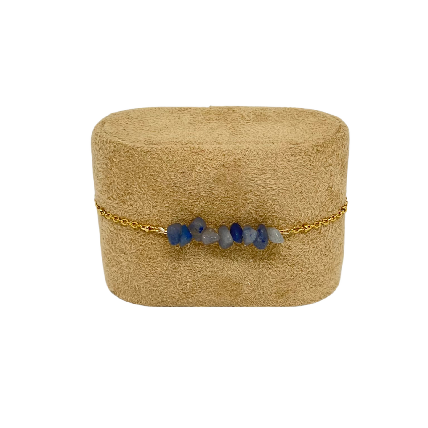 Bracelet chaîne dorée & perles semi-précieuses chips aventurine bleue "Pauline"