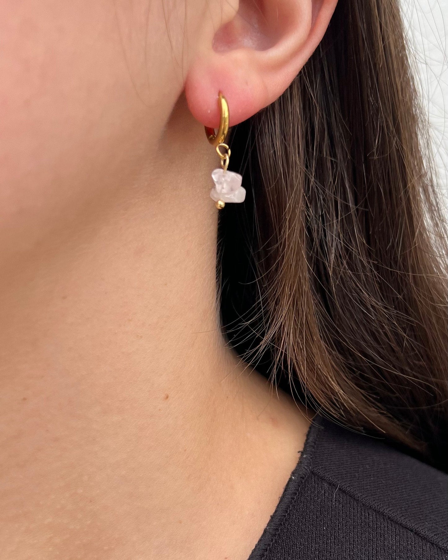 Boucles d'oreilles créoles & perles semi-précieuses quartz rose "Louna"