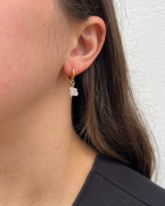 Boucles d'oreilles créoles & perles semi-précieuses quartz rose "Louna"