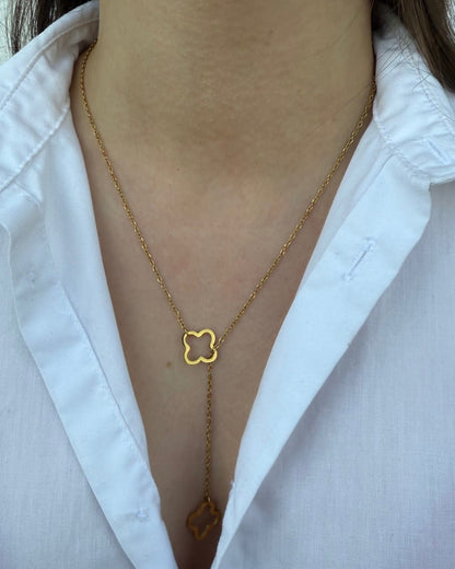 Collier Y "Alma" trèfle dorée et chaîne perles dorée en acier inoxydable