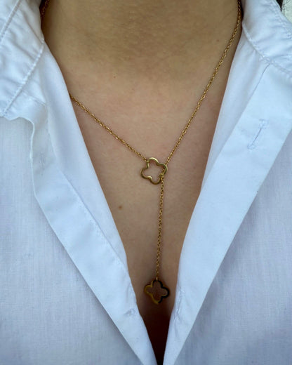 Collier Y "Alma" trèfle dorée et chaîne perles dorée en acier inoxydable