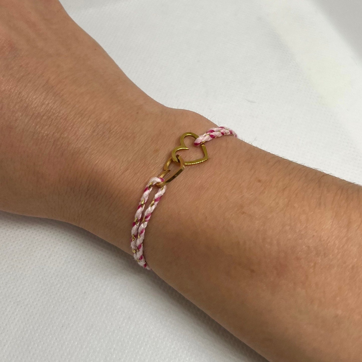 Bracelet Cœurs Entrelacés Acier Inoxydable - Cordon tressé rose