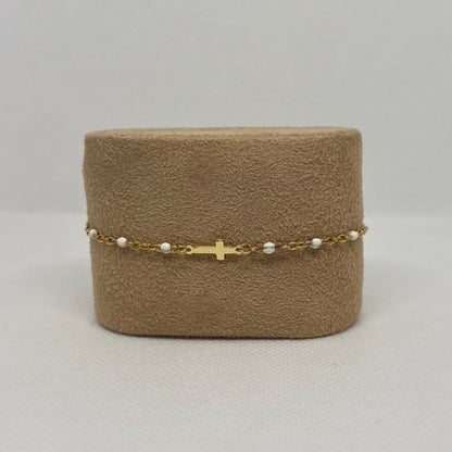 Bracelet Croix "Gabrielle" chaîne dorée & perles en acier inoxydable