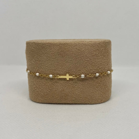 Bracelet Croix "Gabrielle" chaîne dorée & perles en acier inoxydable