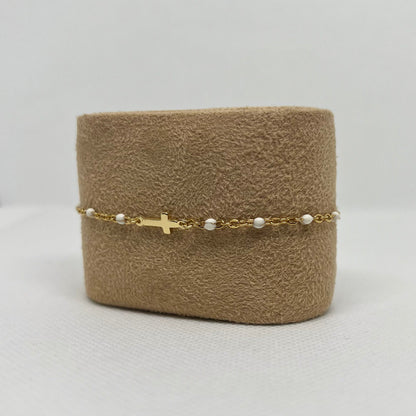 Bracelet Croix "Gabrielle" chaîne dorée & perles en acier inoxydable