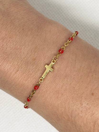 Bracelet Croix "Gabrielle" chaîne dorée & perles en acier inoxydable