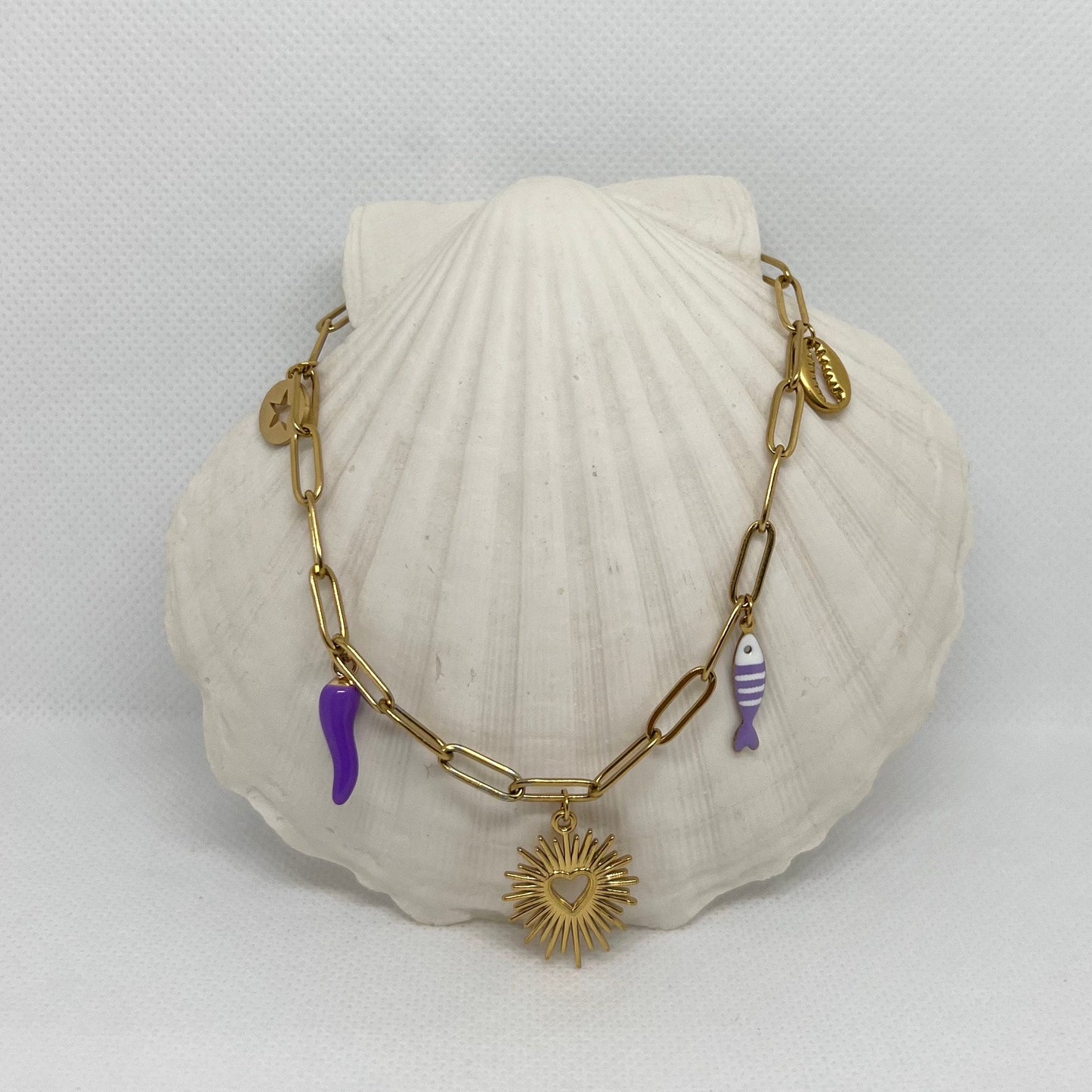 Collier "Alissia" breloques charms, chaîne maille dorée en acier inoxydable