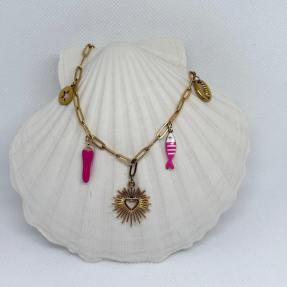 Collier "Alissia" breloques charms, chaîne maille dorée en acier inoxydable