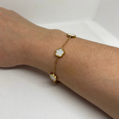 Bracelet trèfle blanc "Estelle" chaîne dorée acier inoxydable