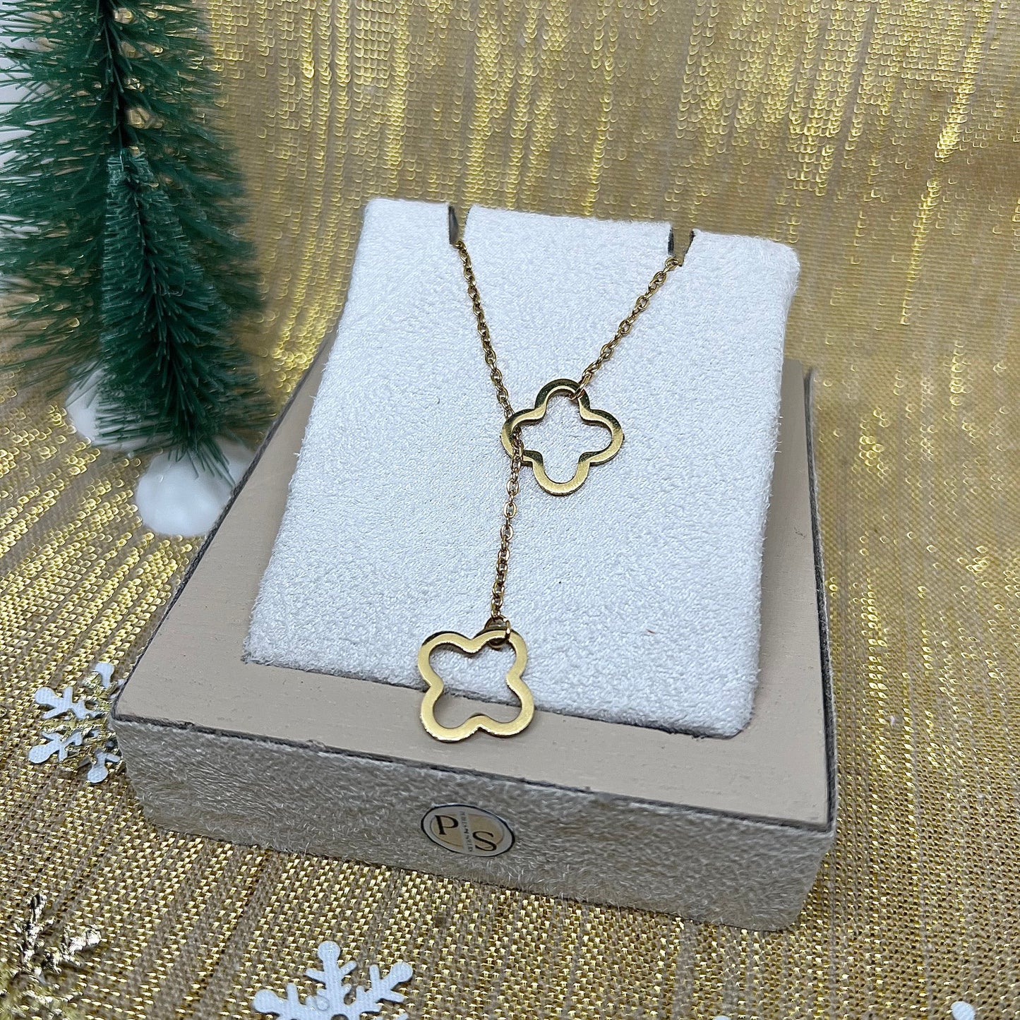 Collier Y "Alma" trèfle dorée et chaîne perles dorée en acier inoxydable