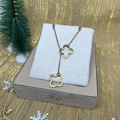 Collier Y "Alma" trèfle dorée et chaîne perles dorée en acier inoxydable
