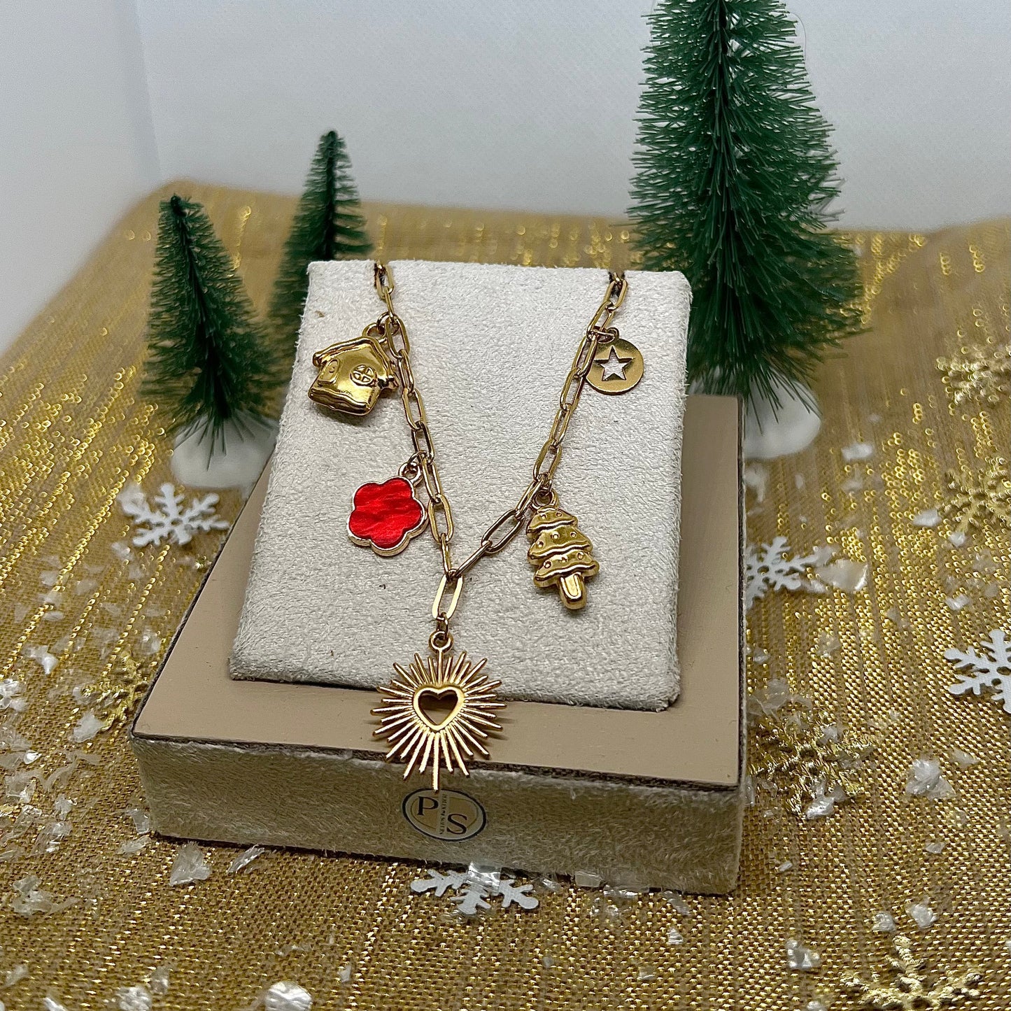 Collier "Noélie" breloques charms & chaîne petite maille en acier inoxydable