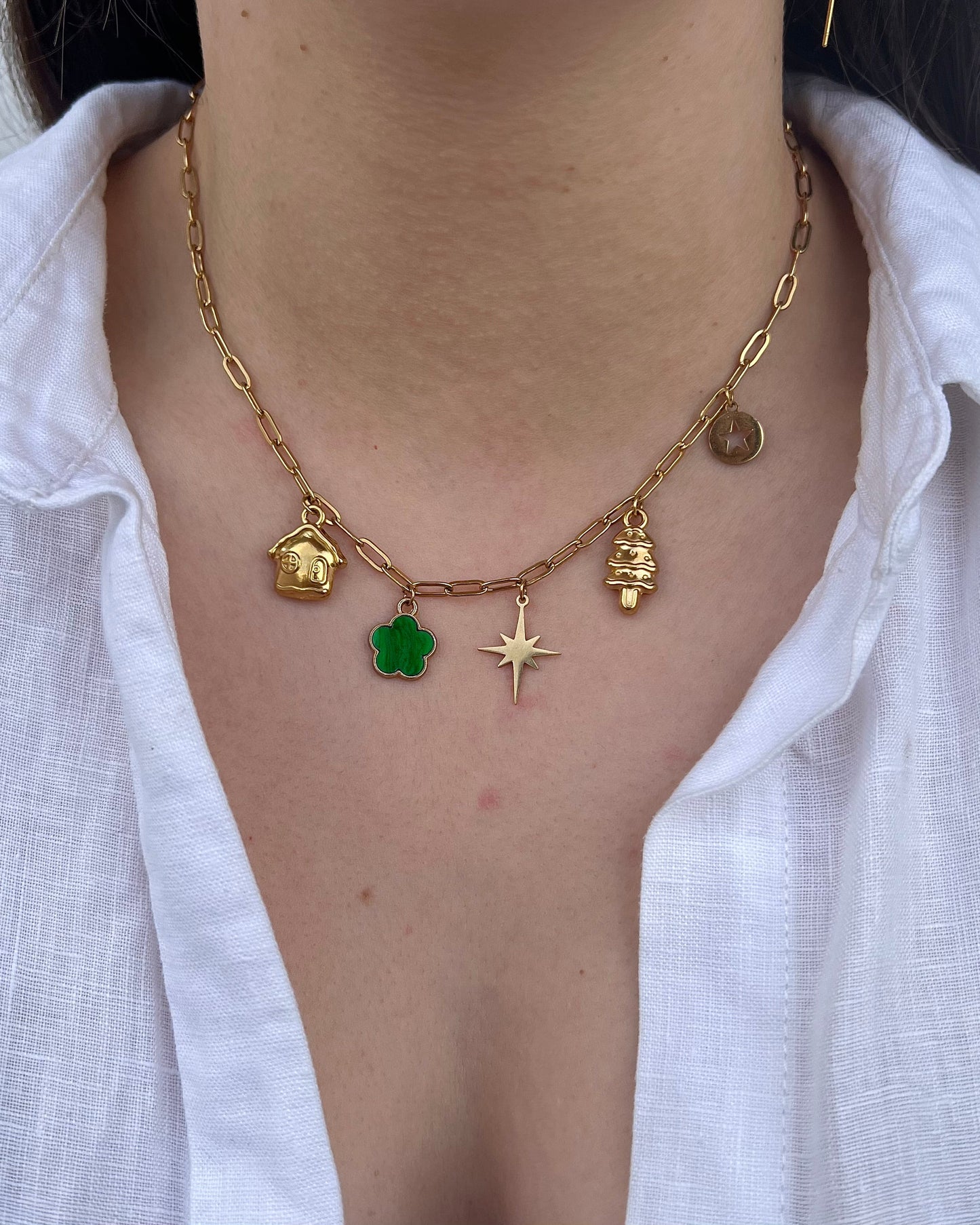 Collier "Noélie" breloques charms & chaîne petite maille en acier inoxydable