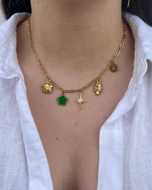 Collier "Noélie" breloques charms & chaîne petite maille en acier inoxydable