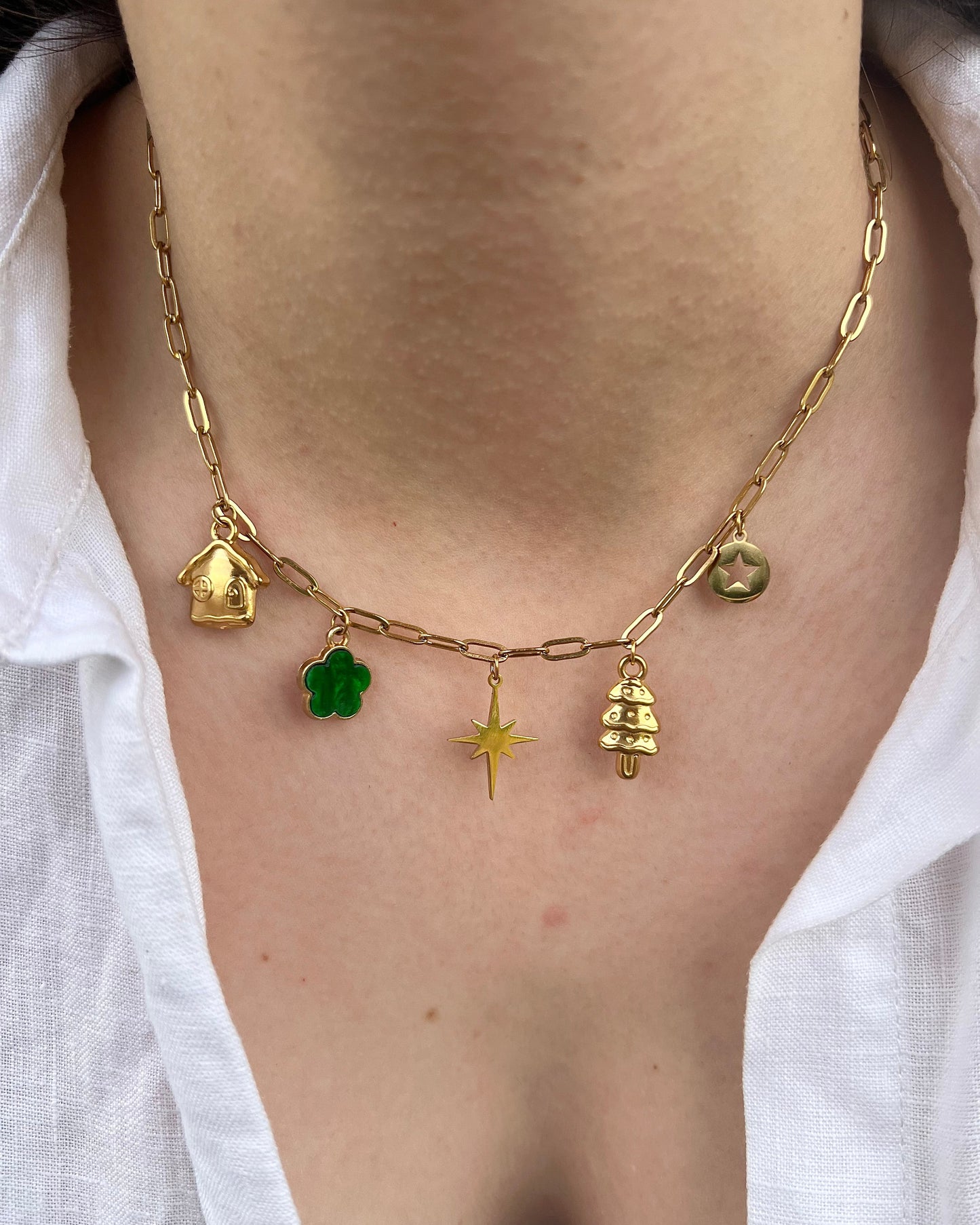 Collier "Noélie" breloques charms & chaîne petite maille en acier inoxydable