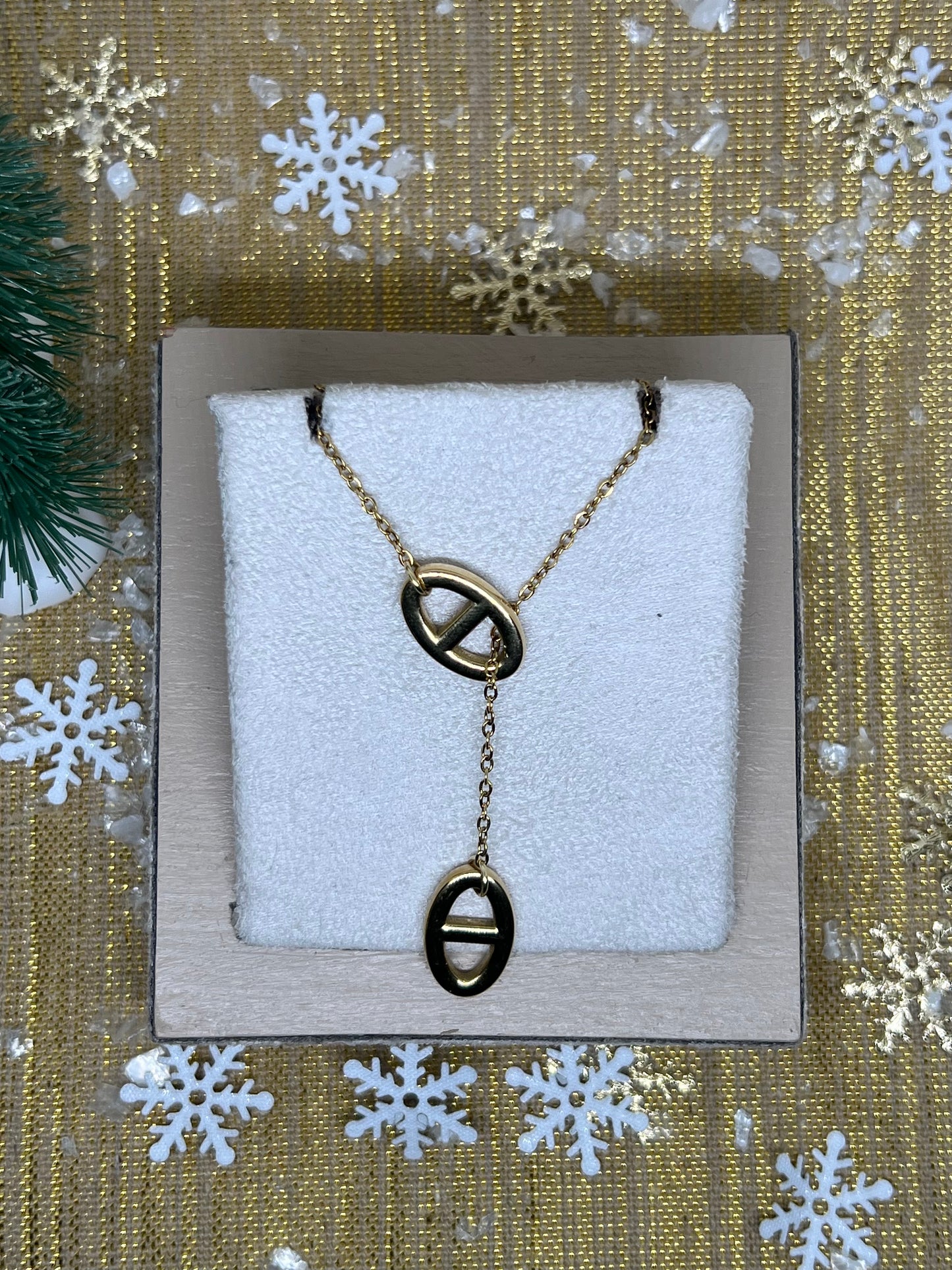 Collier Y "Nina" maille marine & chaîne dorée en acier inoxydable