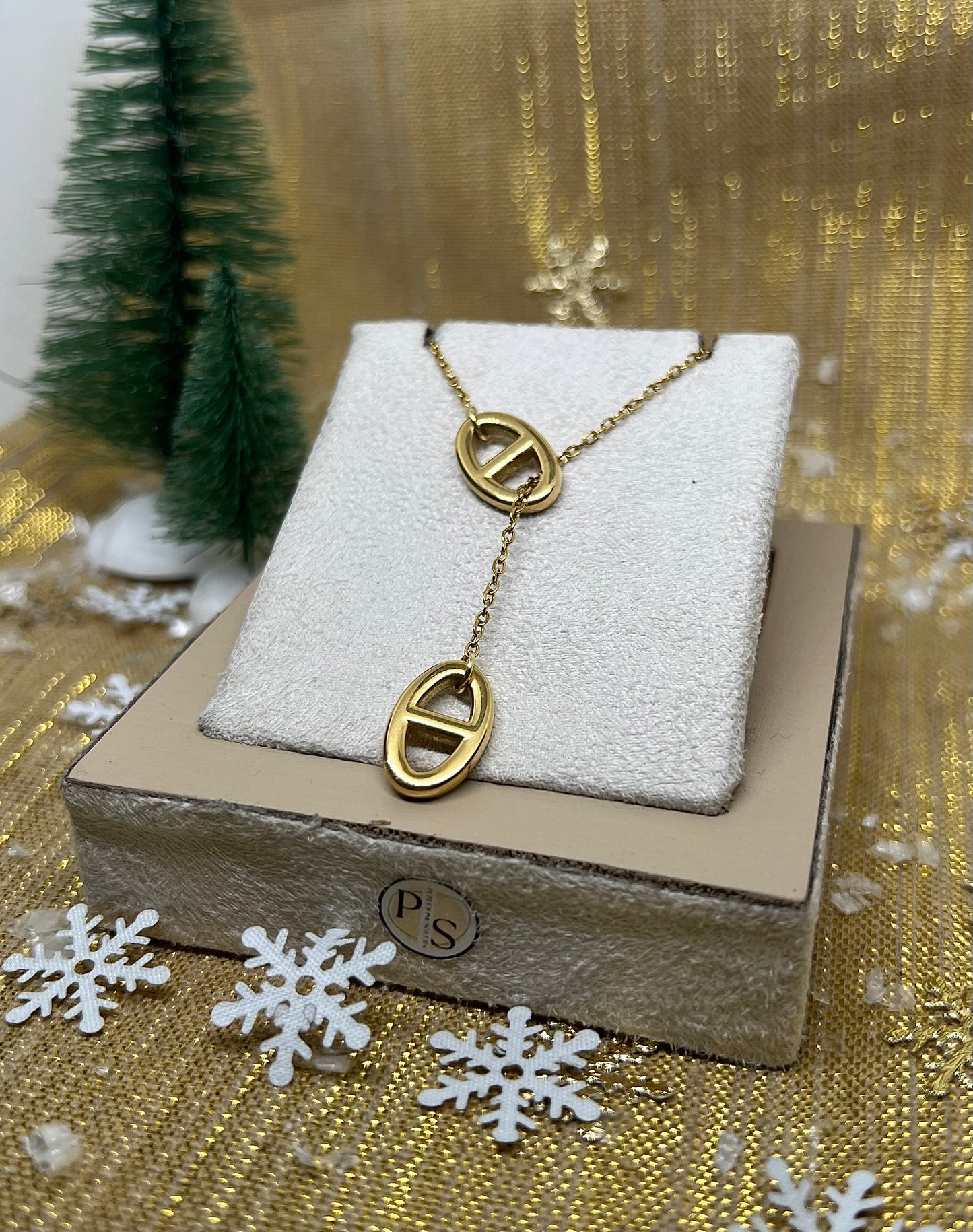 Collier Y "Nina" maille marine & chaîne dorée en acier inoxydable