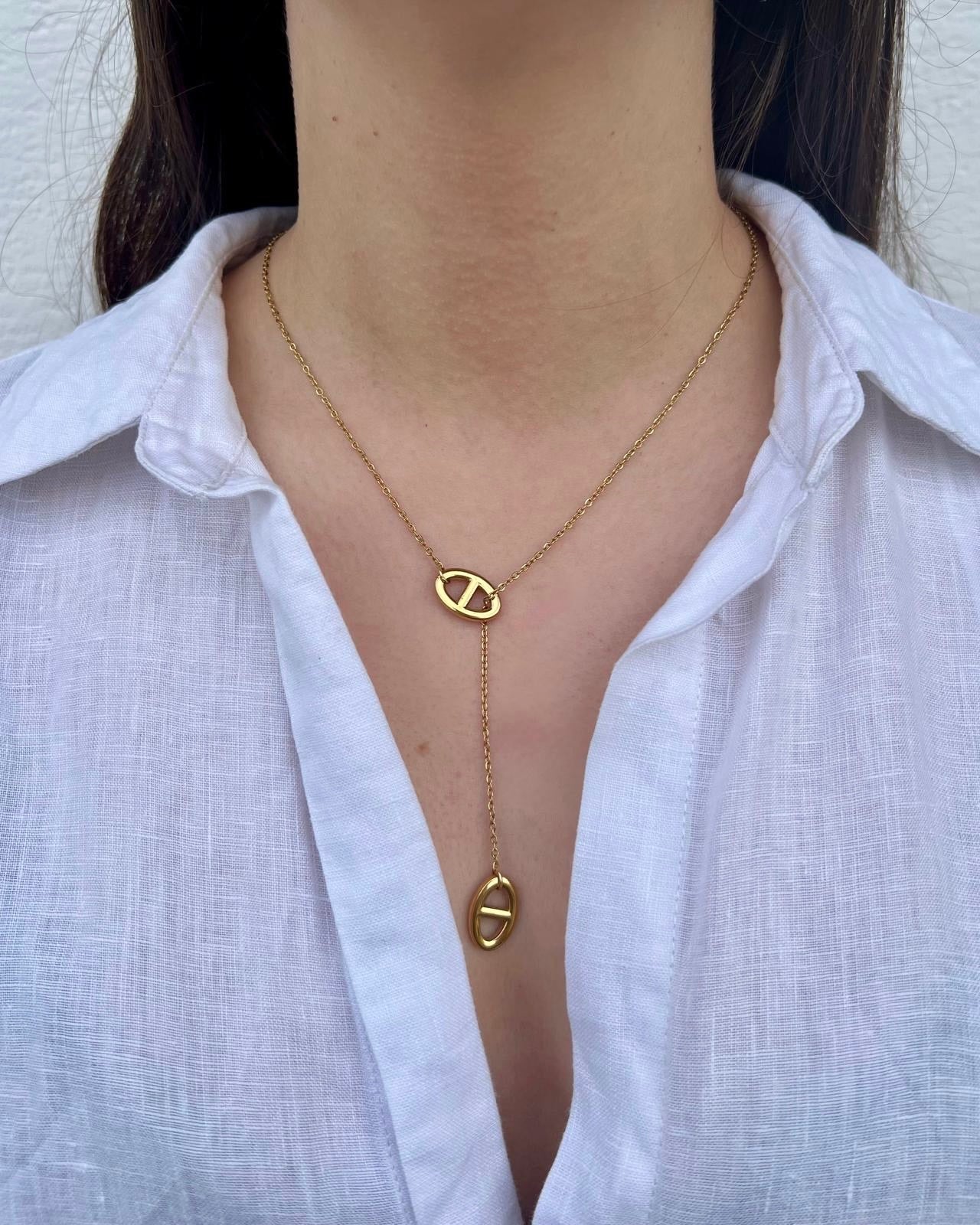 Collier Y "Nina" maille marine & chaîne dorée en acier inoxydable