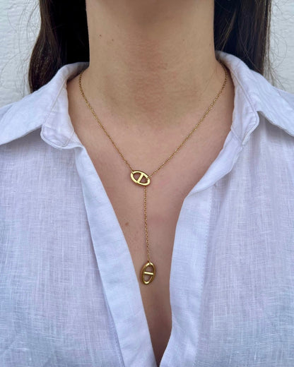 Collier Y "Nina" maille marine & chaîne dorée en acier inoxydable