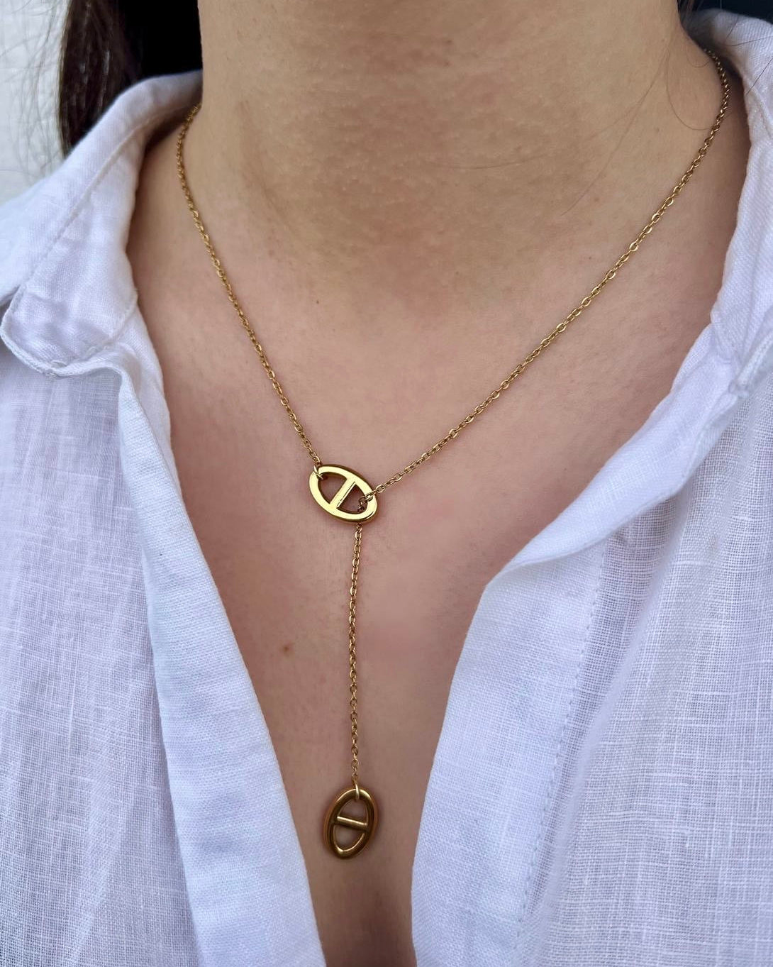 Collier Y "Nina" maille marine & chaîne dorée en acier inoxydable