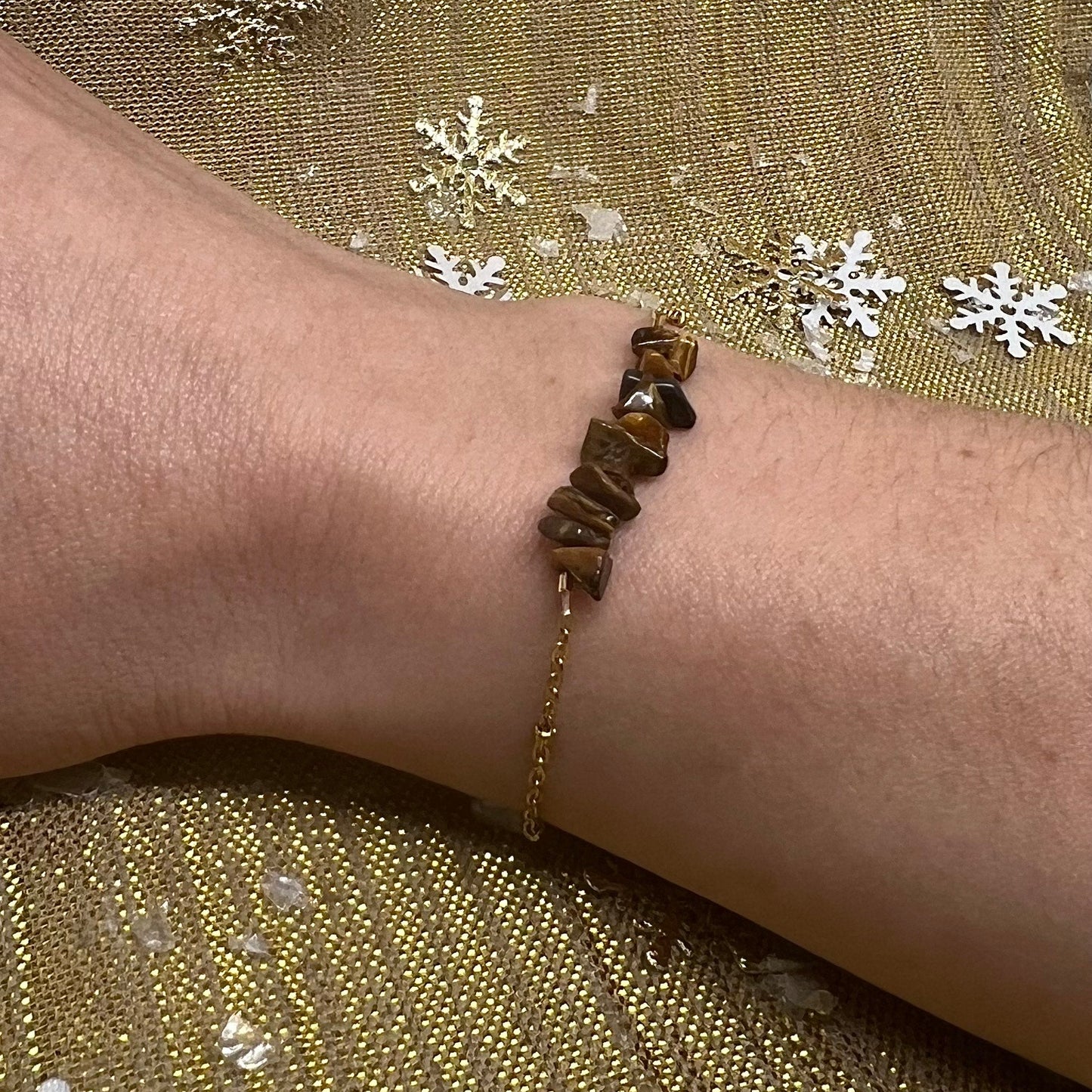 Bracelet chaîne dorée & perles semi-précieuses œil de tigre  "Andréa"