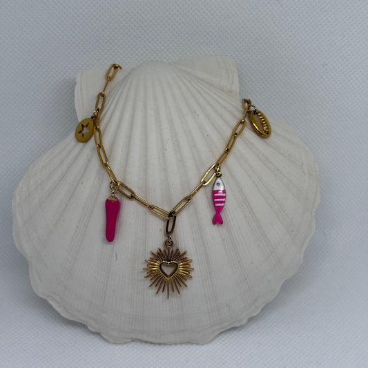 Collier "Rose" breloques charms, chaîne petite maille dorée en acier inoxydable