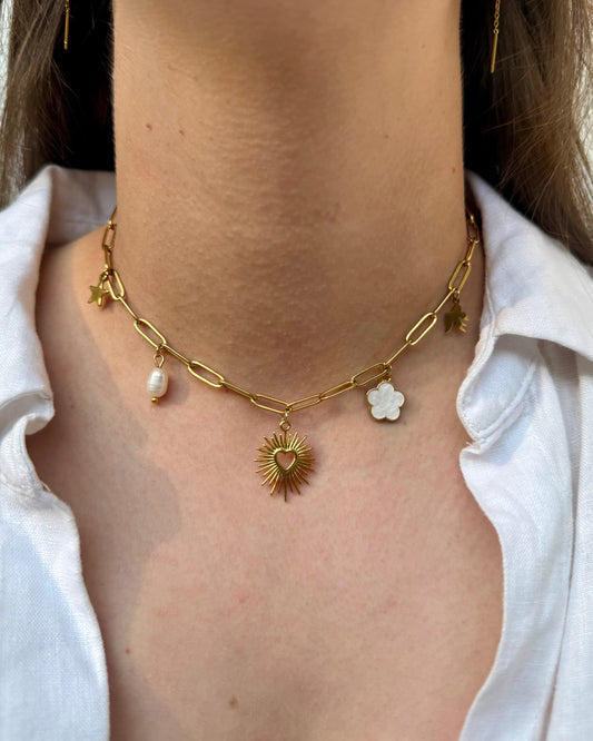 Collier "Ange" breloques charms, chaîne petite maille dorée en acier inoxydable