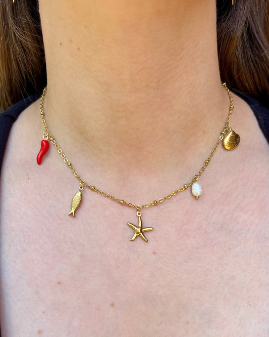 Collier "Jade" breloques charms, perles & chaîne dorée en acier inoxydable