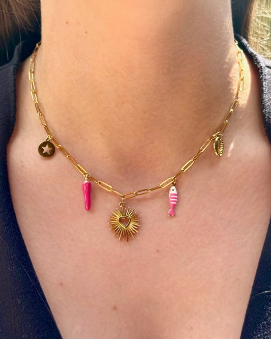 Collier "Rose" breloques charms, chaîne petite maille dorée en acier inoxydable