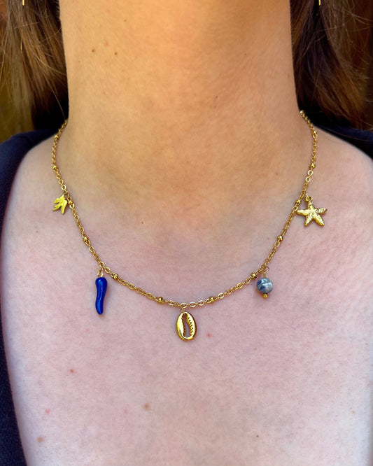 Collier "Mathilde" breloques charms, perles & chaîne dorée en acier inoxydable