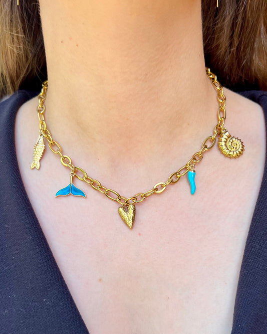 Collier "Marine" breloques charms, chaîne maille dorée en acier inoxydable