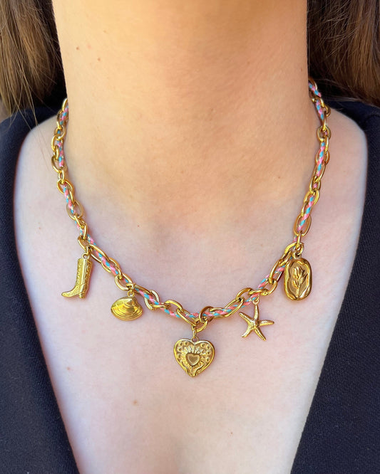 Collier "Kate" breloques charms, chaîne maille dorée en acier inoxydable