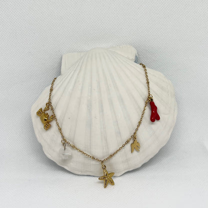 Collier "Coralie" breloques charms, perles & chaîne dorée en acier inoxydable
