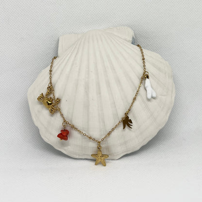 Collier "Coralie" breloques charms, perles & chaîne dorée en acier inoxydable